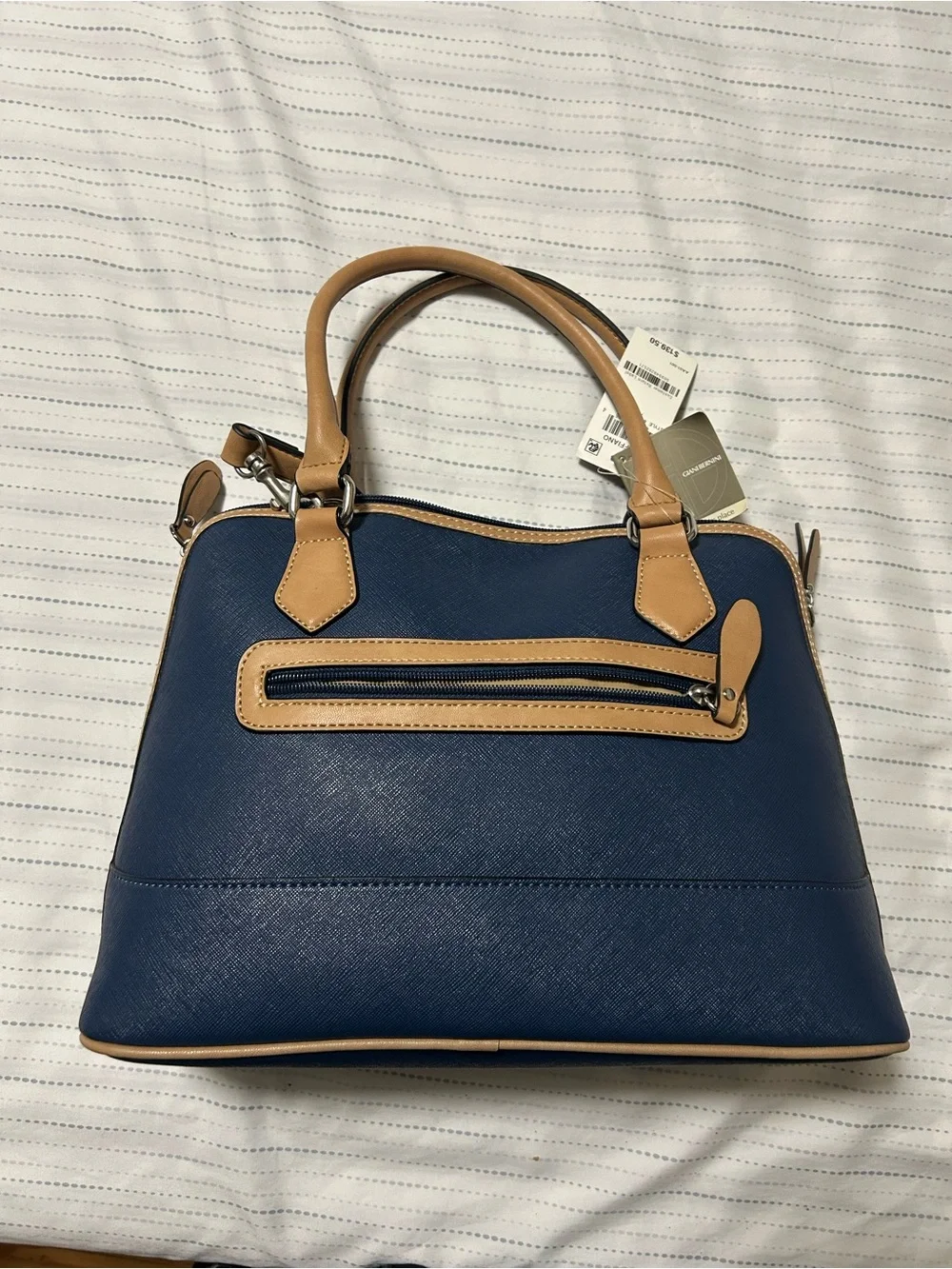 Giani Bernini Navy and Tan Dome Satchel with Crossbody Strap
